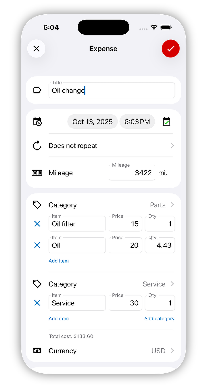 Vehicle expenses screenshot