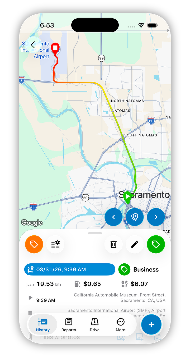 Trip details and mileage evidence screenshot