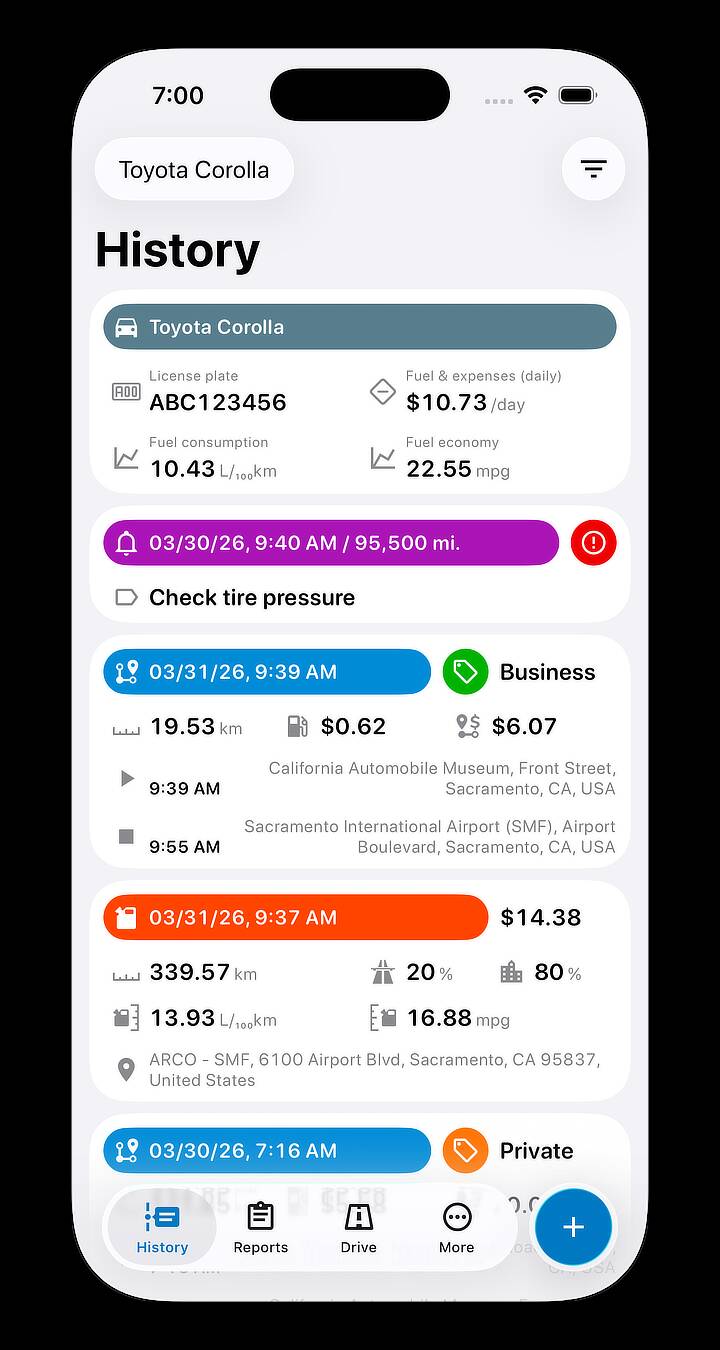 Mileage tracking history screenshot