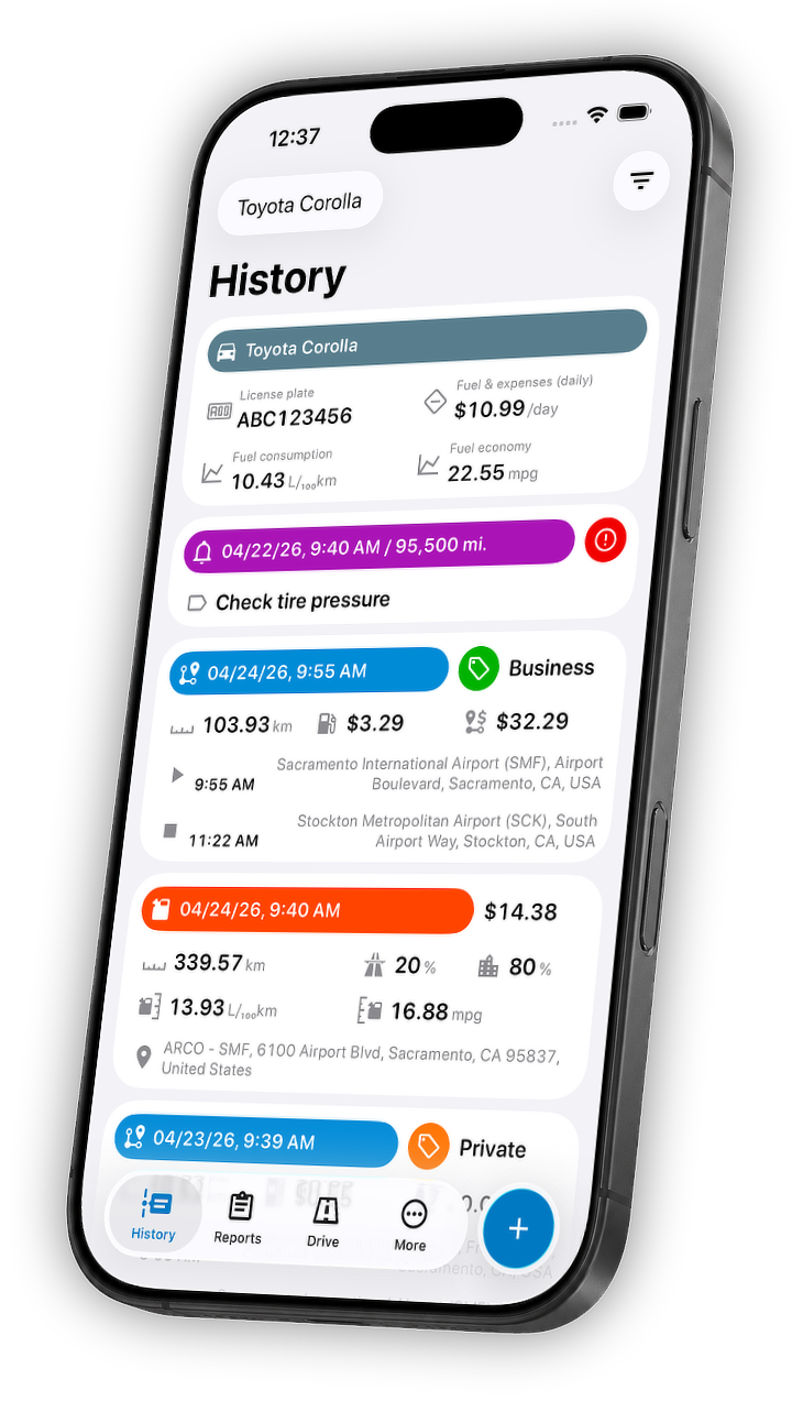 Mileage tracking history screenshot