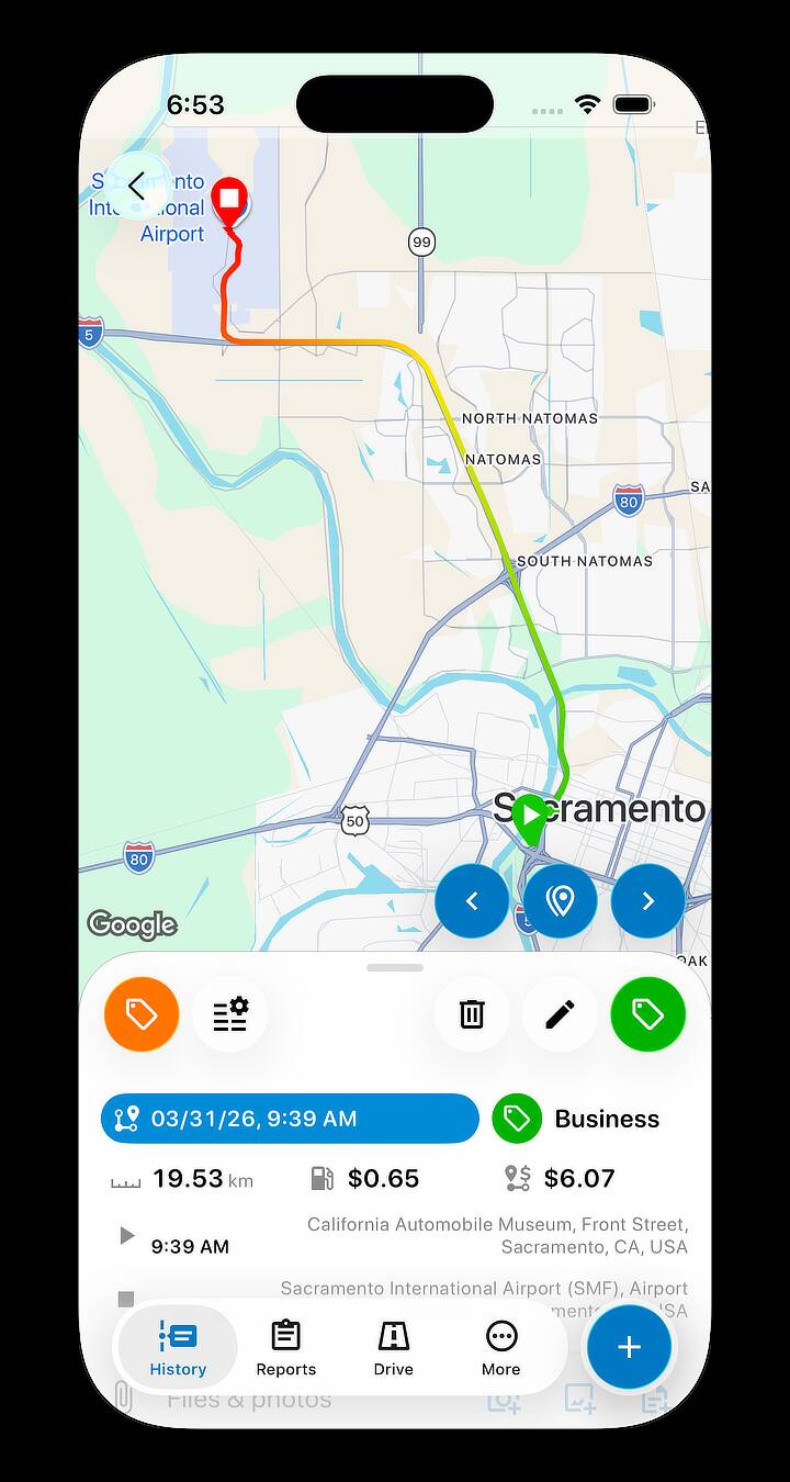 Trip details and mileage evidence screenshot