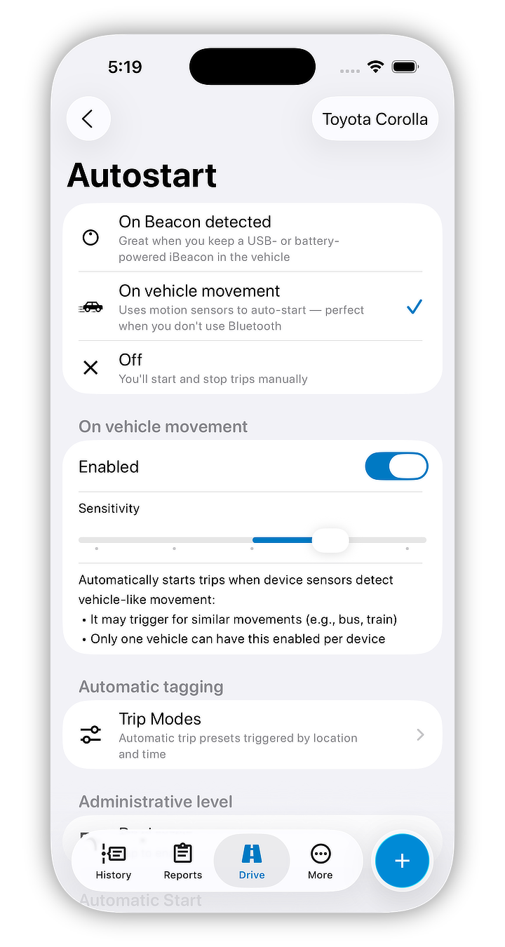 Trip detection settings screenshot