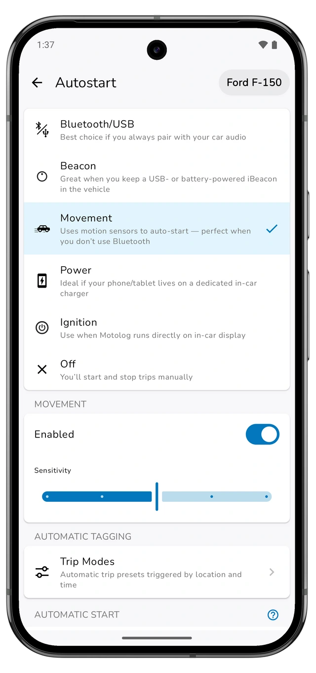 Motolog’s Android Autostart screen showing the available detection methods, with Movement selected.