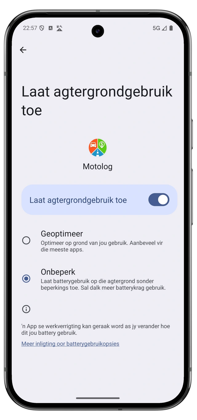 Android se batteryinstellings vir Motolog met onbeperkte gebruik gekies.