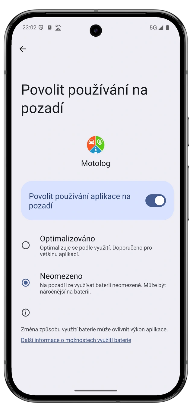 Nastavení baterie Androidu pro Motolog s vybraným neomezeným provozem.