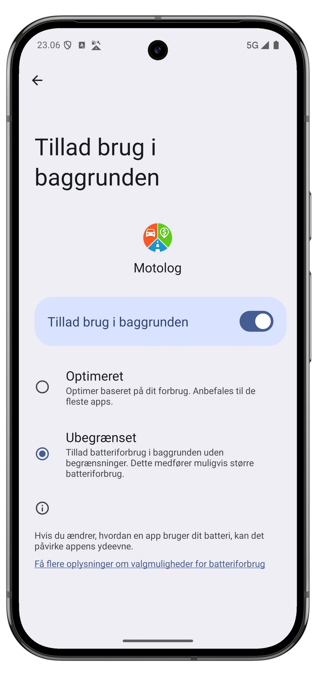 Androids batteriindstillinger for Motolog med ubegrænset brug valgt.