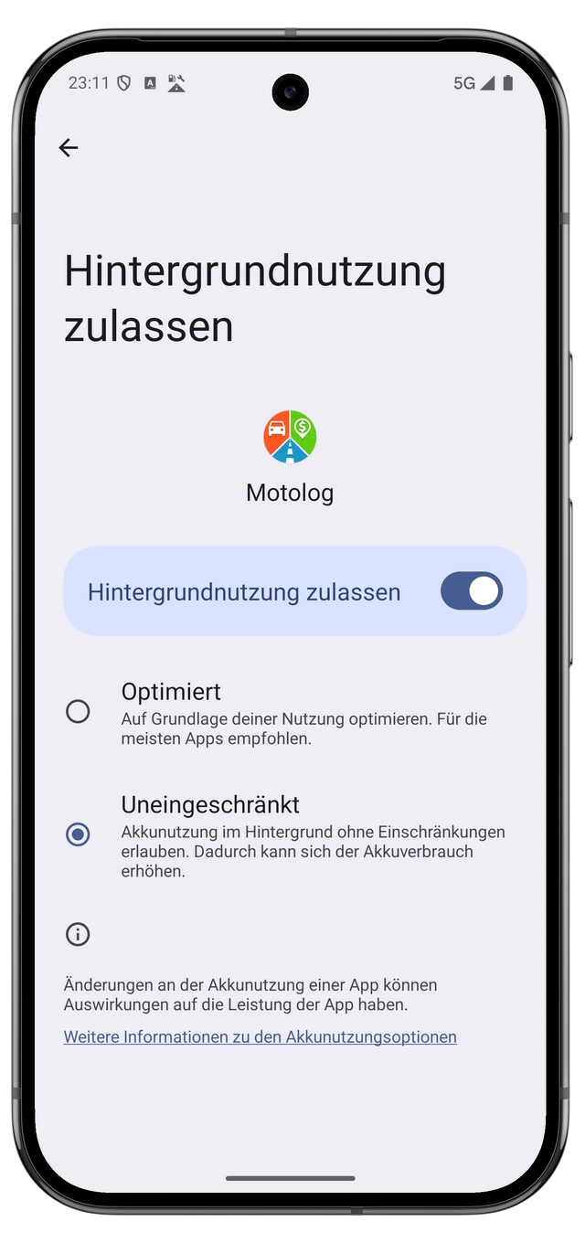 Android-Batterieeinstellungen für Motolog mit ausgewählter uneingeschränkter Nutzung.