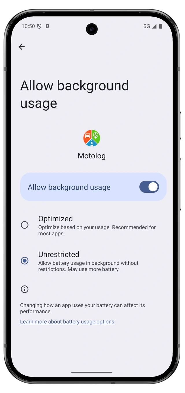 Android battery settings for Motolog with Unrestricted selected.