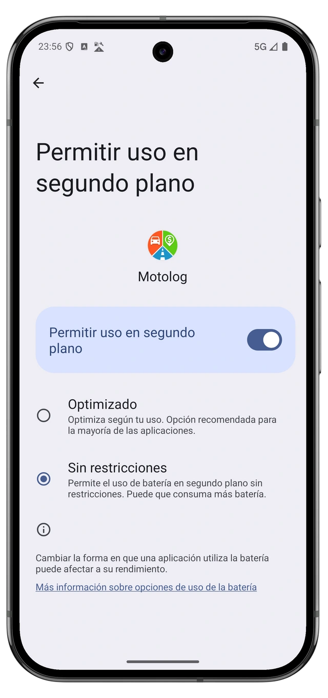 Ajustes de batería de Android para Motolog con uso sin restricciones seleccionado.
