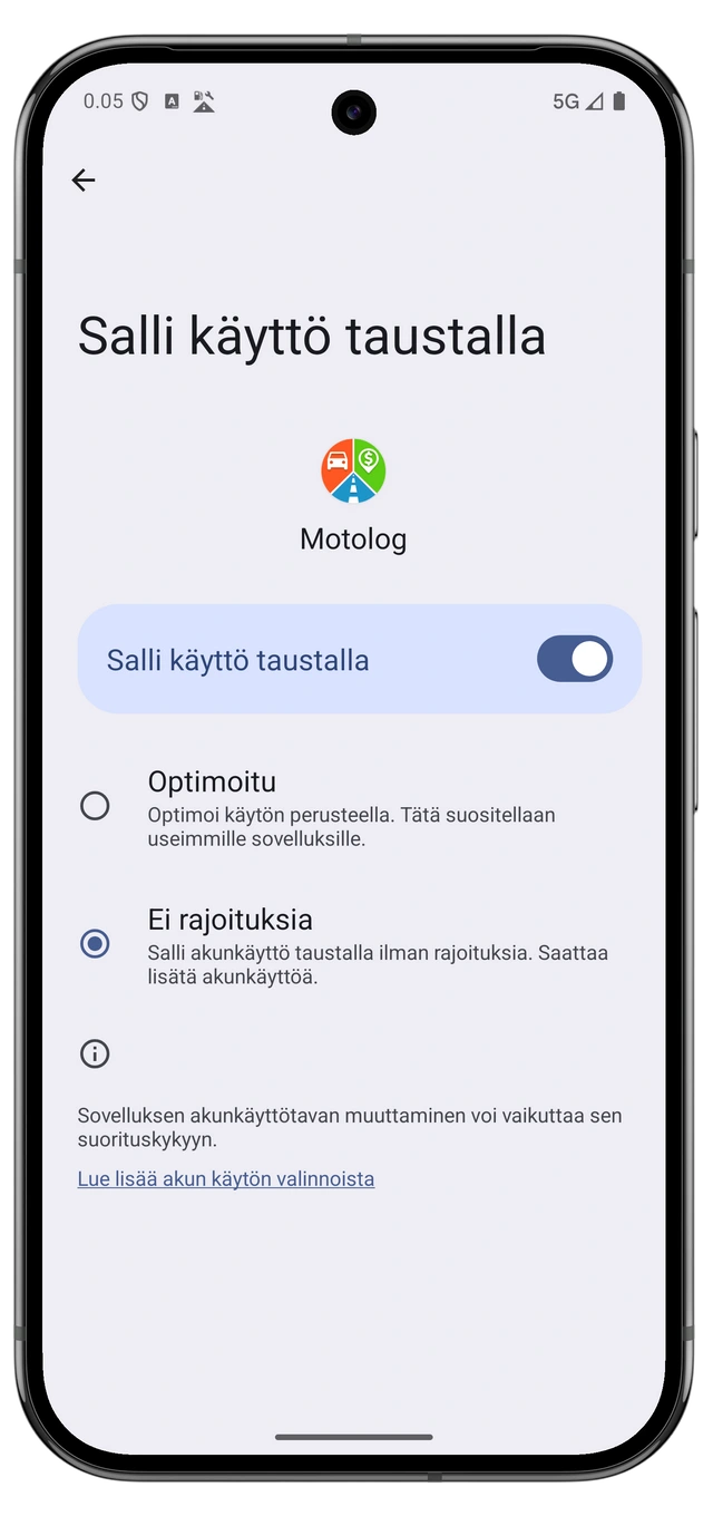 Motologin akun asetukset Androidissa, jossa rajoittamaton käyttö on valittu.
