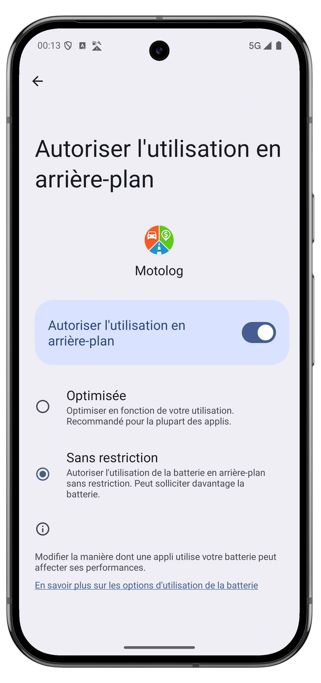 Réglages de batterie Android pour Motolog avec utilisation sans restriction sélectionnée.