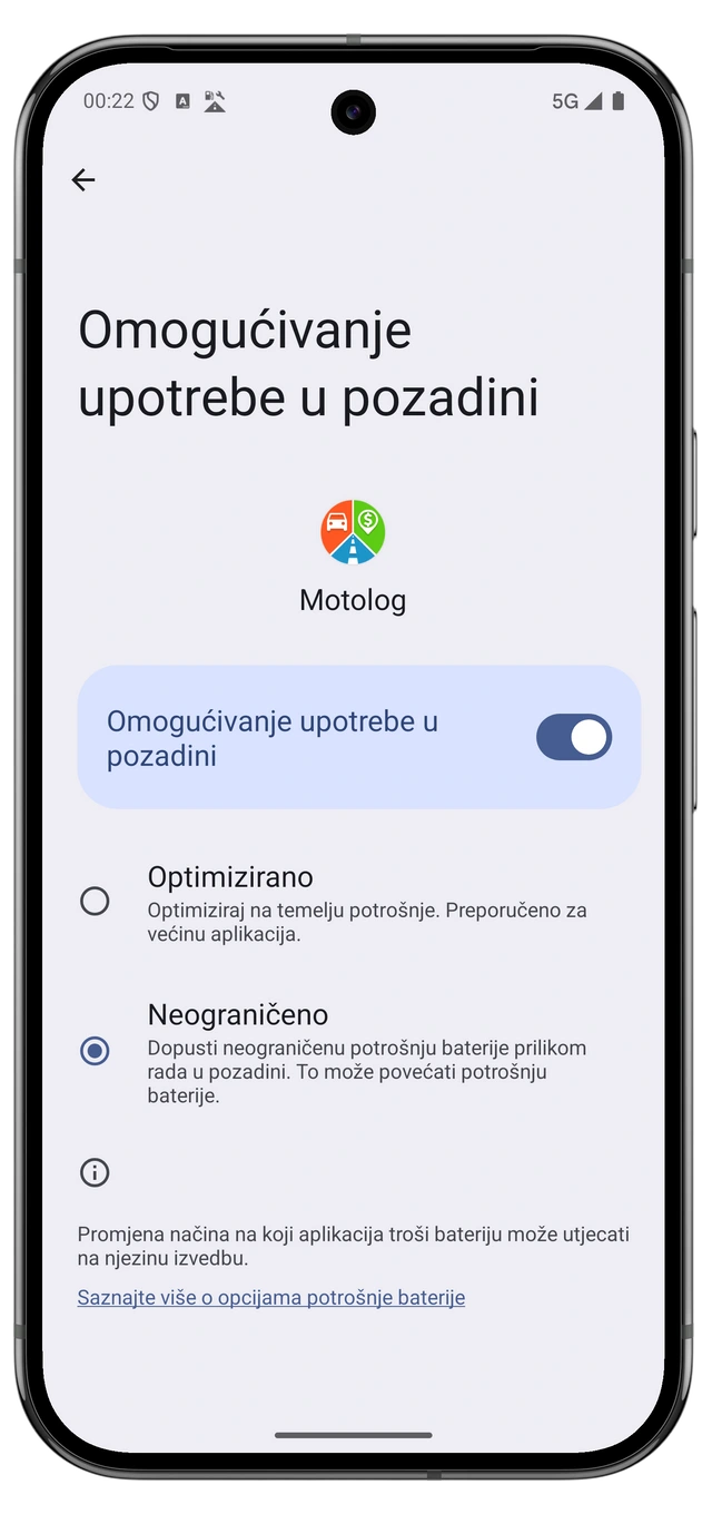 Androidove postavke baterije za Motolog s odabranim radom bez ograničenja.