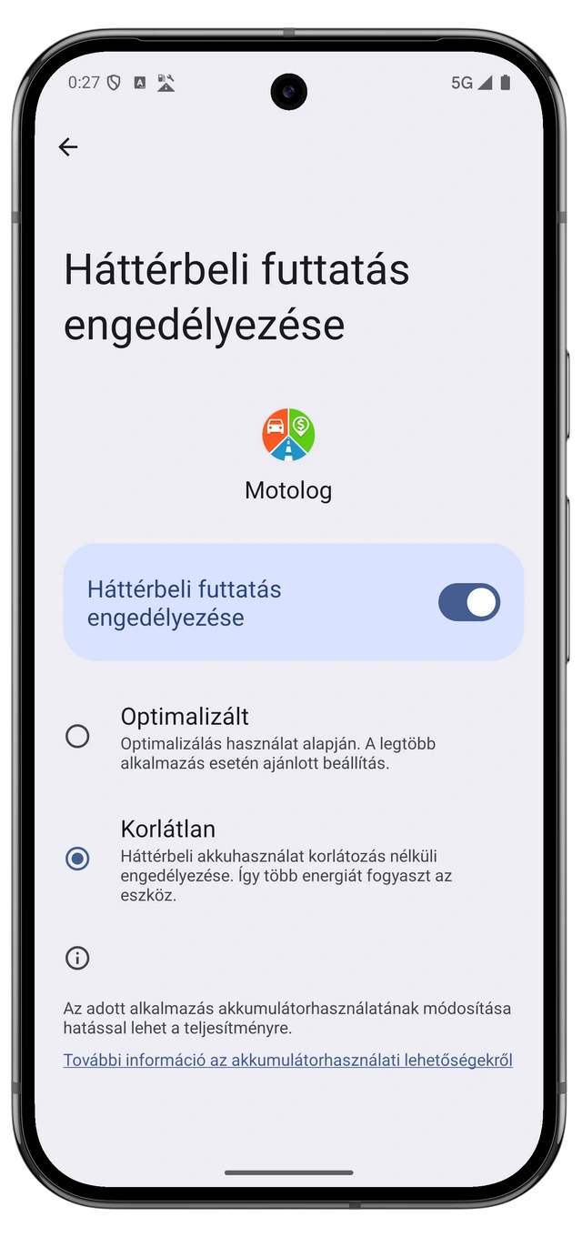 A Motolog androidos akkumulátorbeállításai korlátozás nélküli működés kiválasztásával.