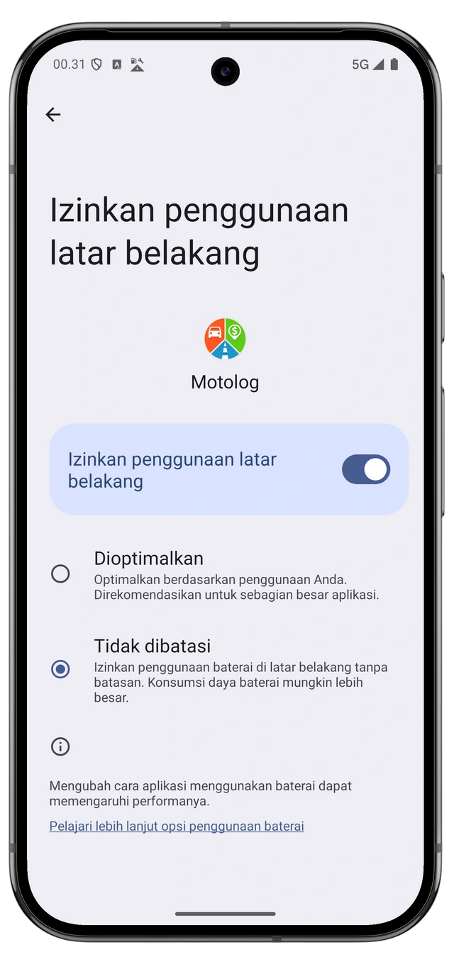 Pengaturan baterai Android untuk Motolog dengan Unrestricted dipilih.