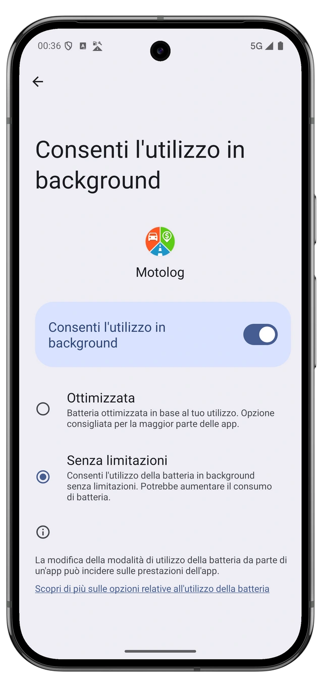Impostazioni della batteria Android per Motolog con uso senza restrizioni selezionato.