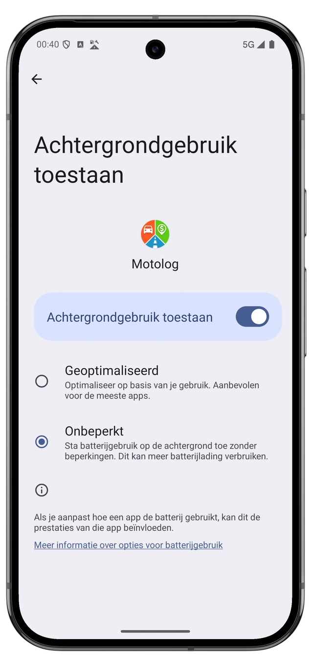 Android-batterijinstellingen voor Motolog met onbeperkt gebruik geselecteerd.