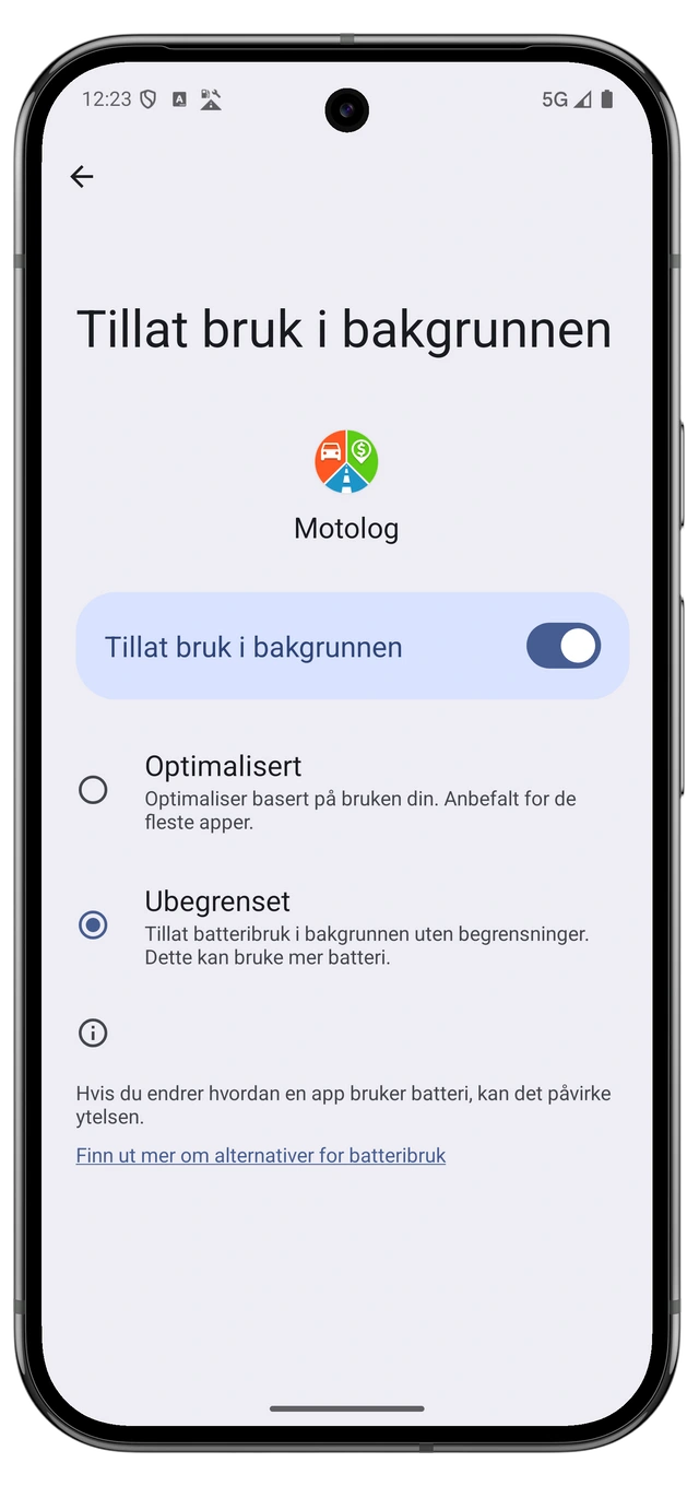 Androids batteriinnstillinger for Motolog med ubegrenset bruk valgt.