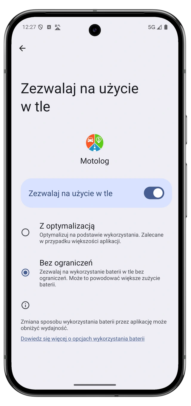 Ustawienia baterii Motolog na Androidzie z wybraną opcją Bez ograniczeń.