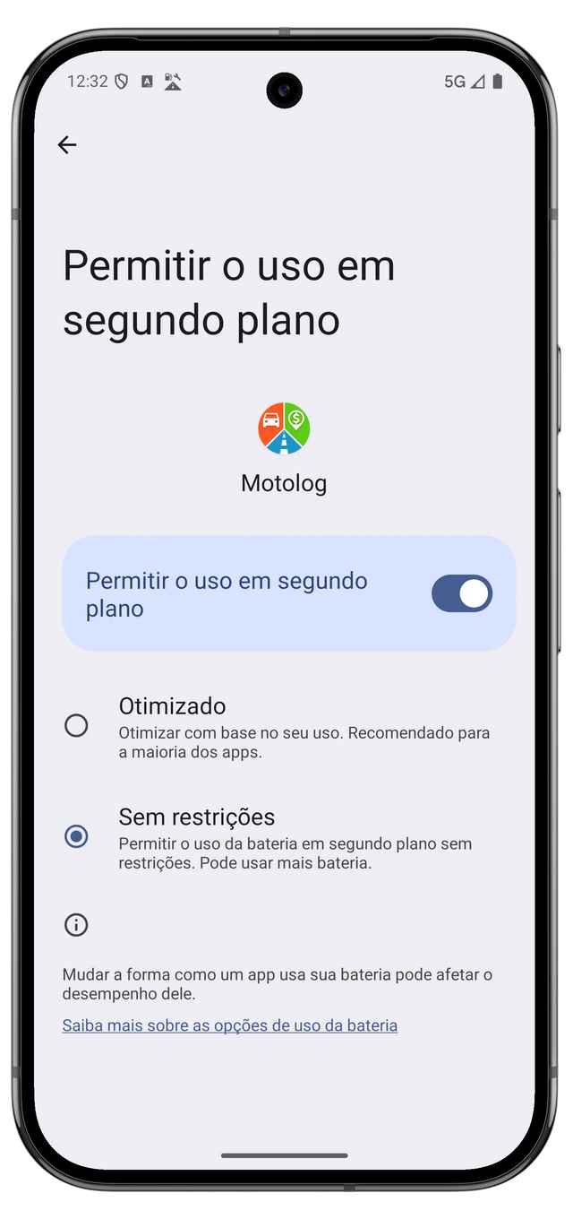 Configurações de bateria do Android para o Motolog com uso sem restrições selecionado.