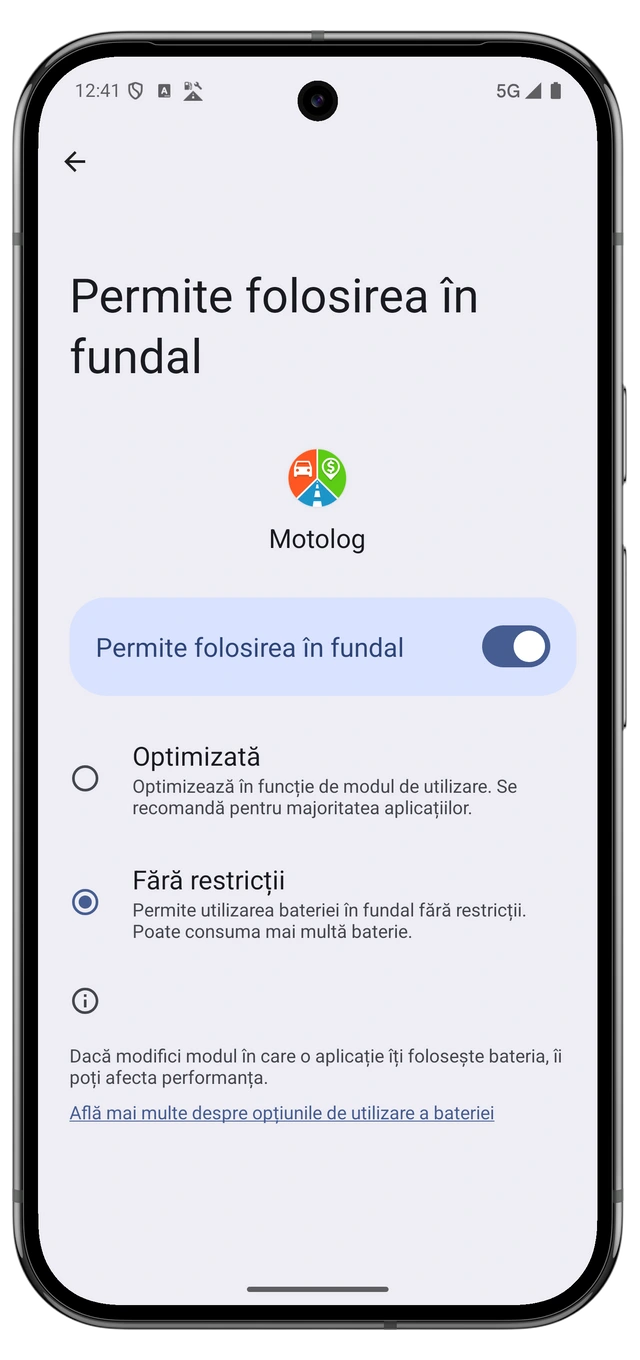 Setările bateriei Android pentru Motolog cu funcționarea fără restricții selectată.