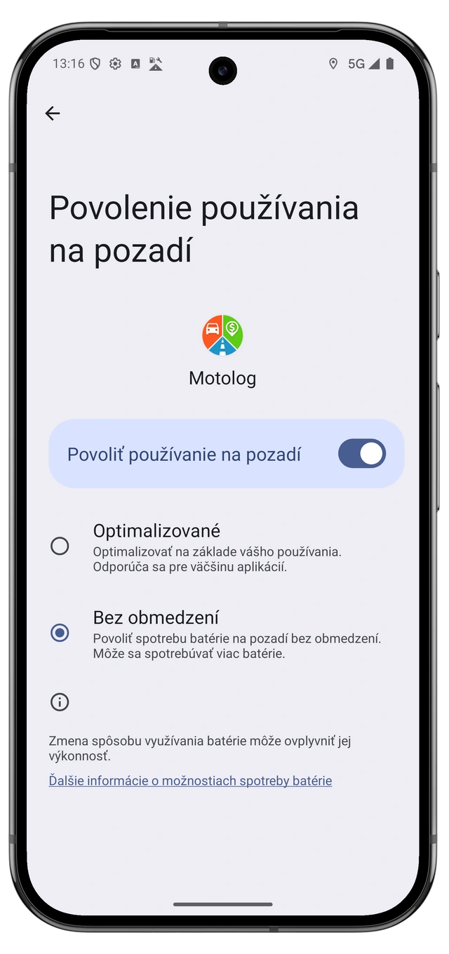 Nastavenia batérie Androidu pre Motolog s vybranou prevádzkou bez obmedzení.