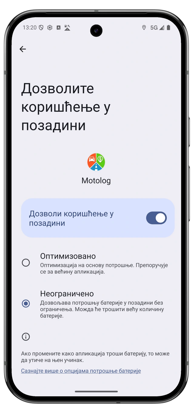Android podešavanja baterije za Motolog s izabranim radom bez ograničenja.