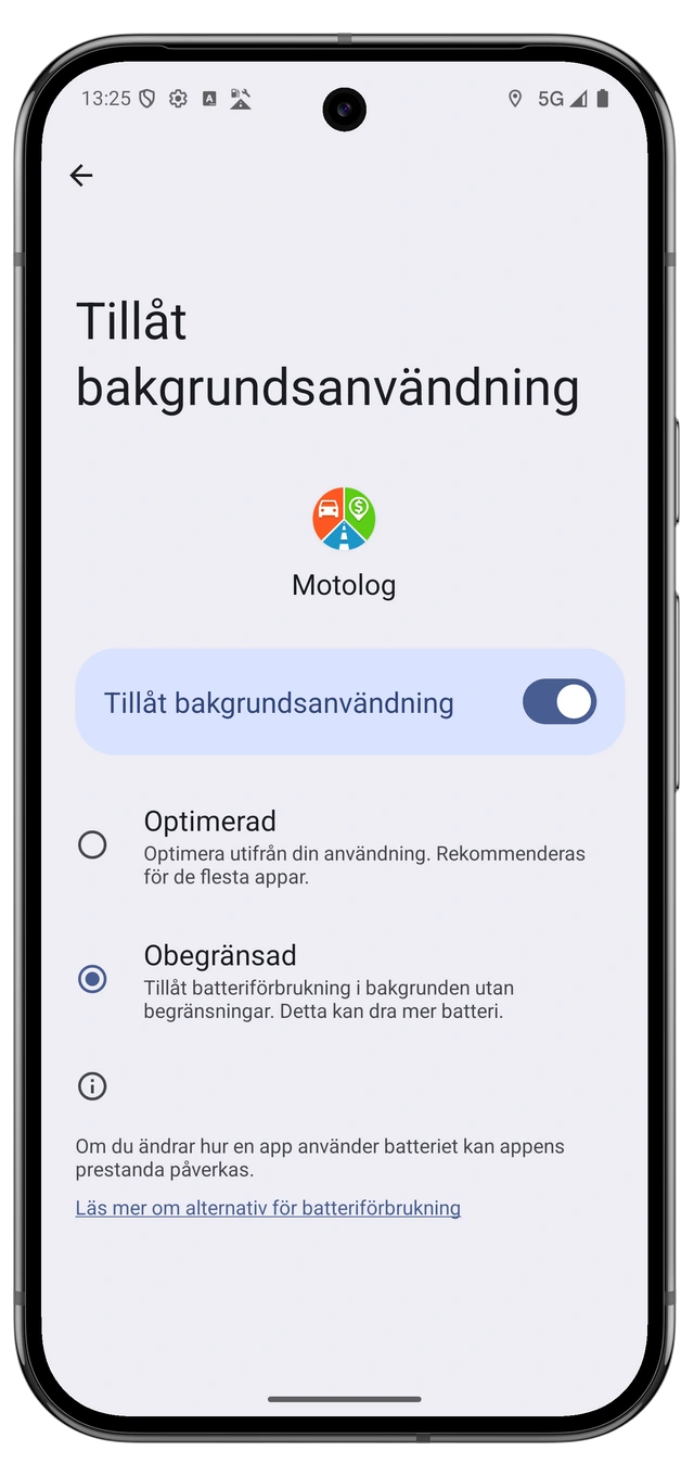 Androids batteriinställningar för Motolog med obegränsad användning vald.