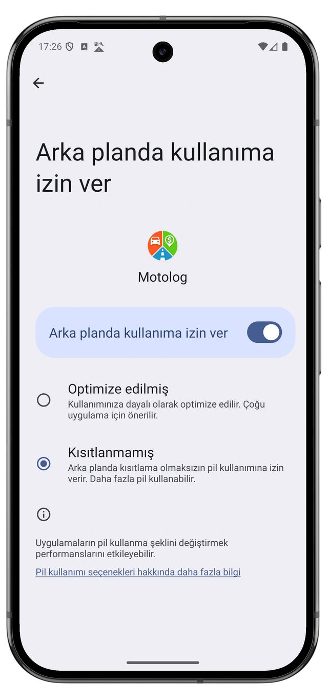 Motolog için kısıtlamasız kullanımın seçildiği Android pil ayarları.