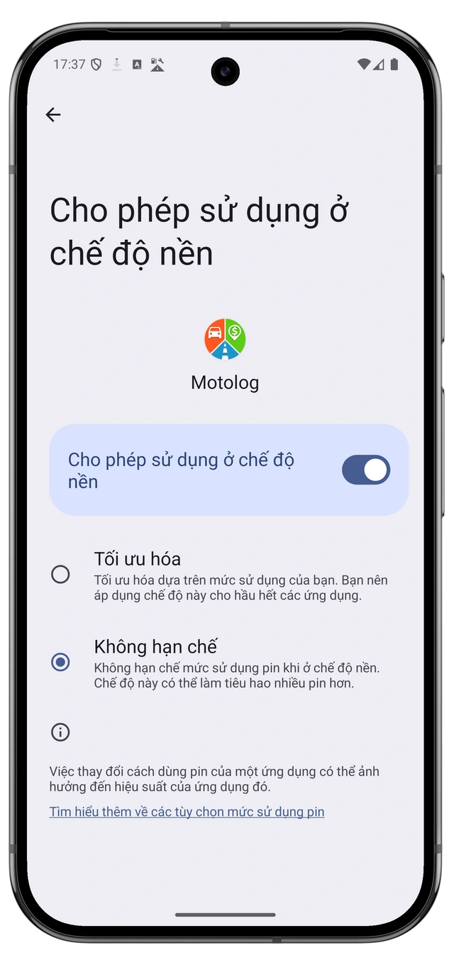 Cài đặt pin Android cho Motolog với Unrestricted được chọn.