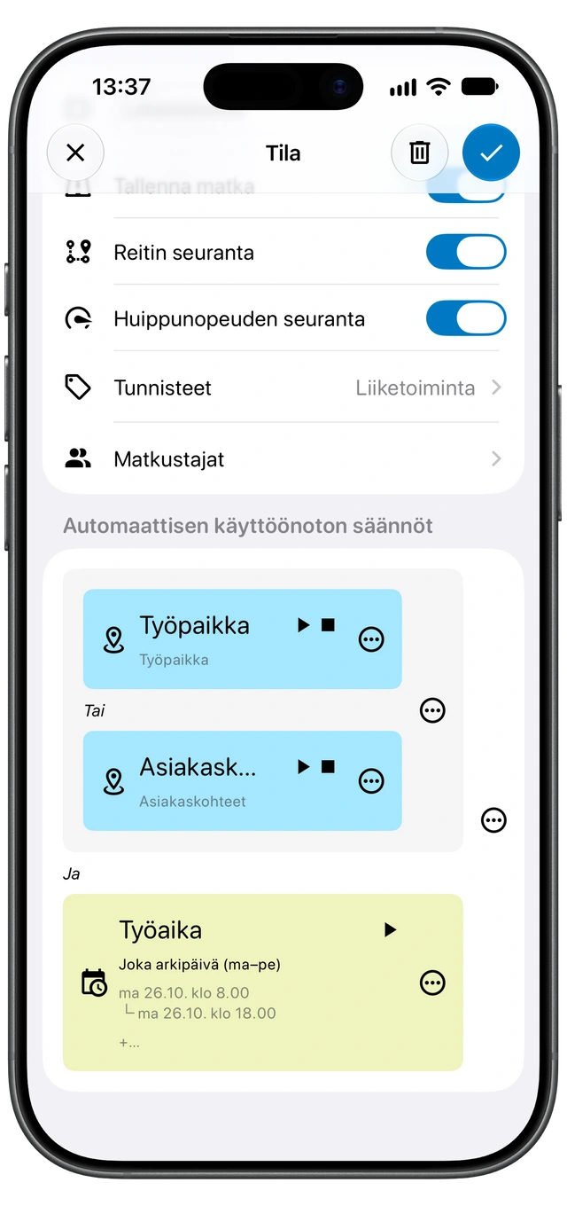 Motologin työajotila, jossa näkyvät työajon tunniste, Tallenna matka ja Reitin seuranta sekä sijainti- ja aikasäännöt. (iOS)