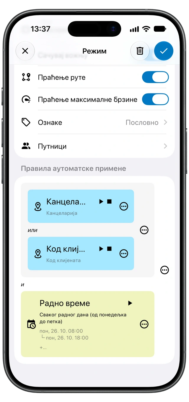 Poslovni režim vožnje u Motologu s poslovnom oznakom, kontrolama čuvanja vožnje i praćenja rute te pravilima lokacije i vremena. (iOS)