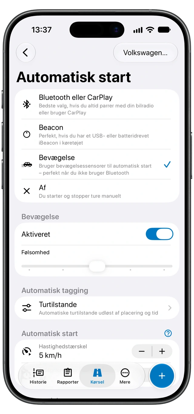 Motologs skærm Automatisk start på iPhone viser de tilgængelige registreringsmetoder med Bevægelse valgt.