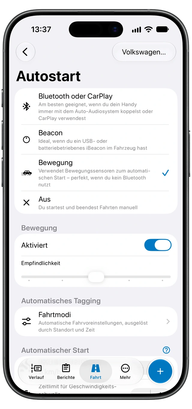 Die iPhone-Autostart-Ansicht von Motolog mit den verfügbaren Erkennungsmethoden und ausgewählter Bewegungserkennung.
