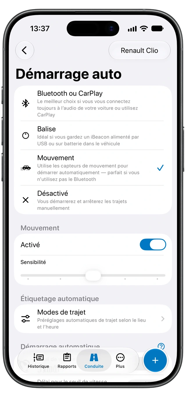L’écran Démarrage auto de Motolog sur iPhone présente les méthodes de détection disponibles, avec Mouvement sélectionné.