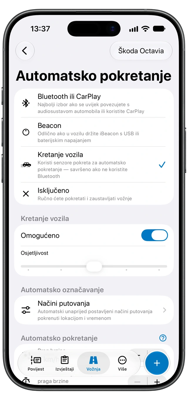 Zaslon automatskog pokretanja Motologa na iPhoneu s dostupnim načinima prepoznavanja i odabranom opcijom Kretanje vozila.