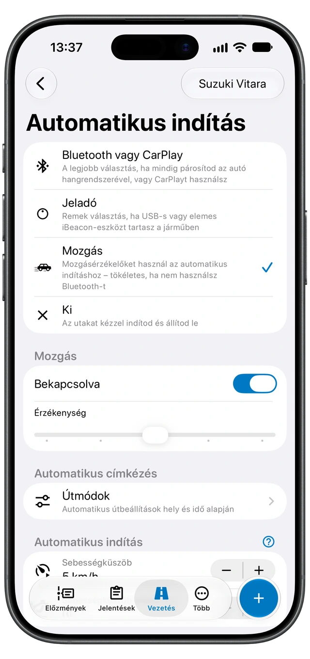 A Motolog Automatikus indítás képernyője iPhone-on az elérhető észlelési módokkal, a Mozgás kiválasztásával.