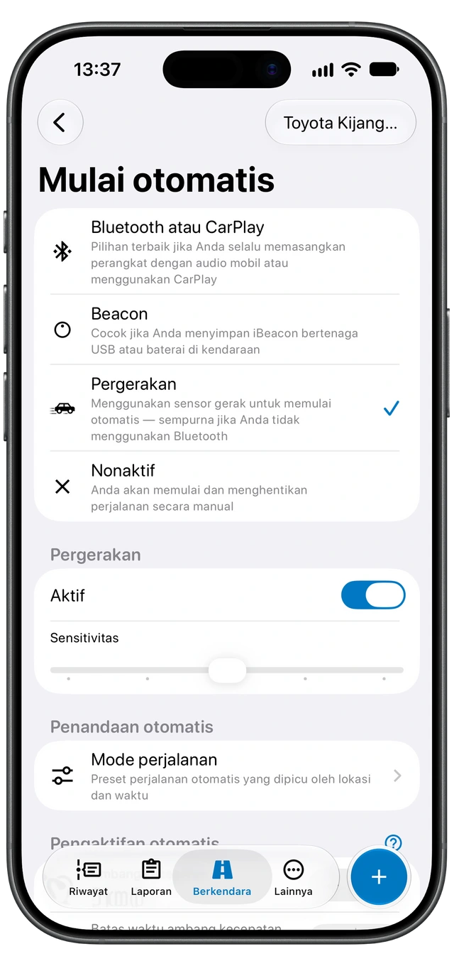 Layar Mulai otomatis Motolog di iPhone menampilkan metode deteksi yang tersedia, dengan Pergerakan dipilih.