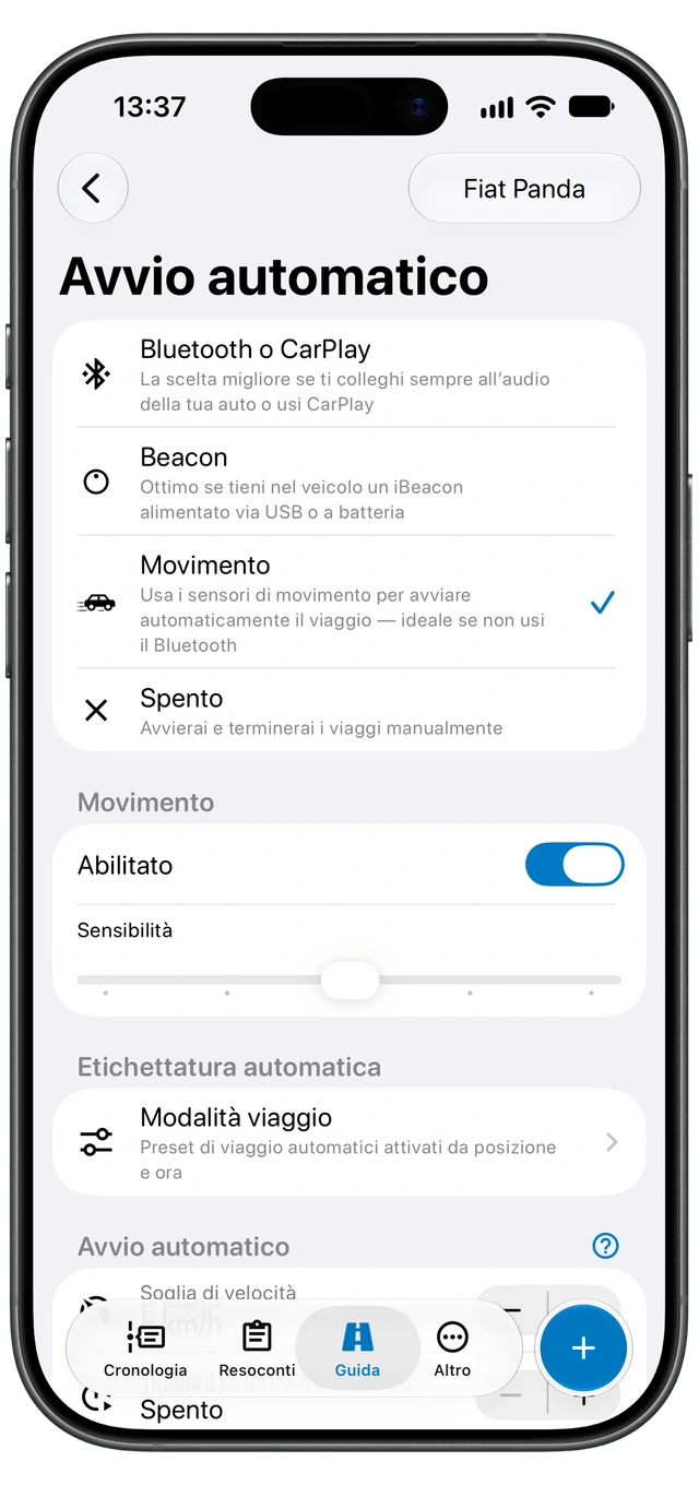 La schermata Avvio automatico di Motolog su iPhone mostra i metodi di rilevamento disponibili, con Movimento selezionato.