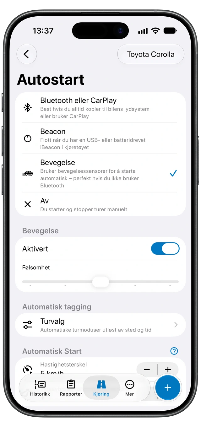 Motologs Autostart-skjerm på iPhone viser de tilgjengelige registreringsmetodene, med Bevegelse valgt.