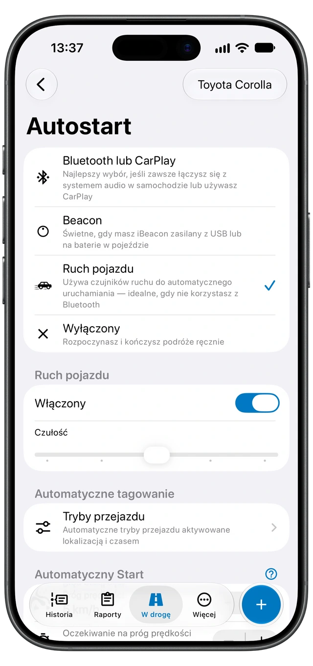 Ekran Autostartu w Motolog na iPhonie z dostępnymi metodami wykrywania i wybraną opcją Ruch pojazdu.