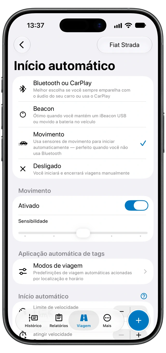 Tela de Início automático do Motolog no iPhone mostrando os métodos de detecção disponíveis, com Movimento selecionado.