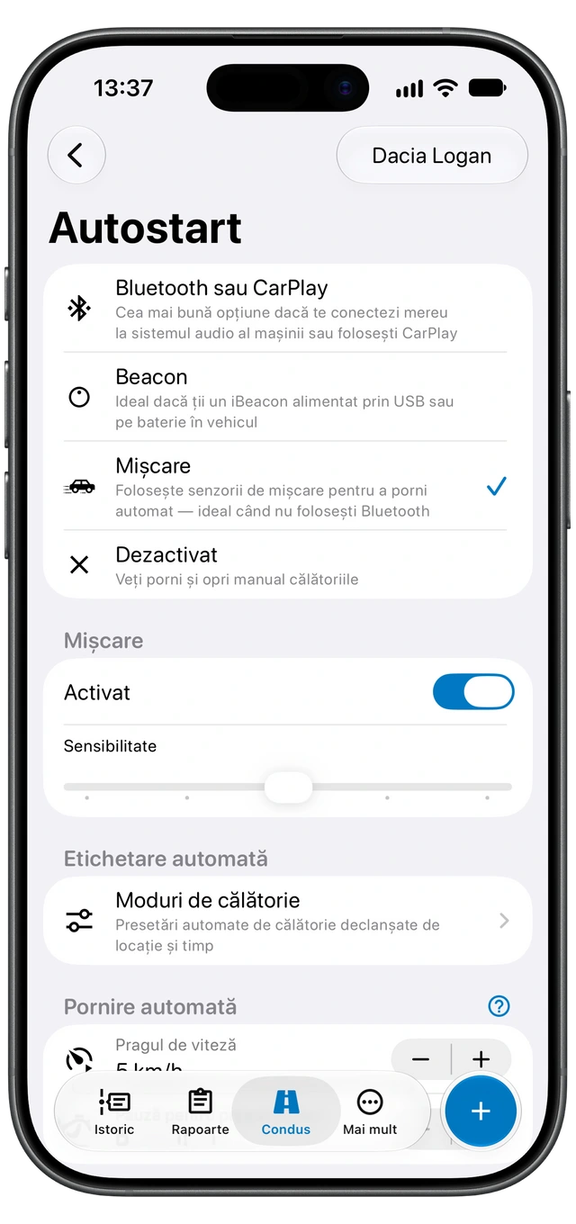 Ecranul Autostart din Motolog pe iPhone cu metodele de detectare disponibile și opțiunea Mișcare selectată.