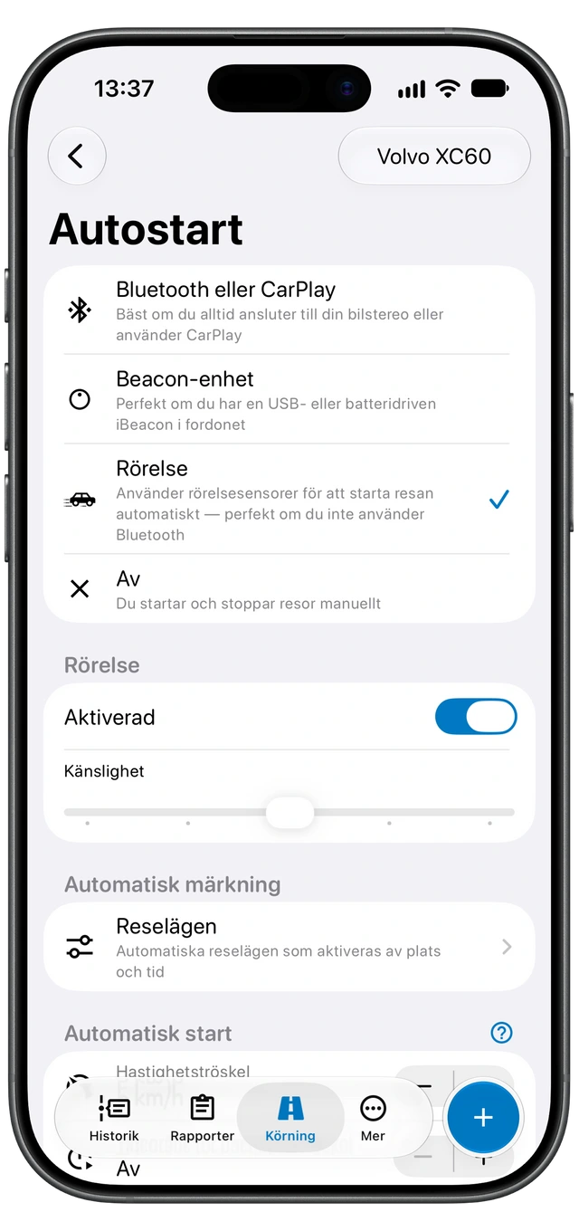Motologs Autostart-skärm på iPhone visar tillgängliga detekteringsmetoder med Rörelse valt.