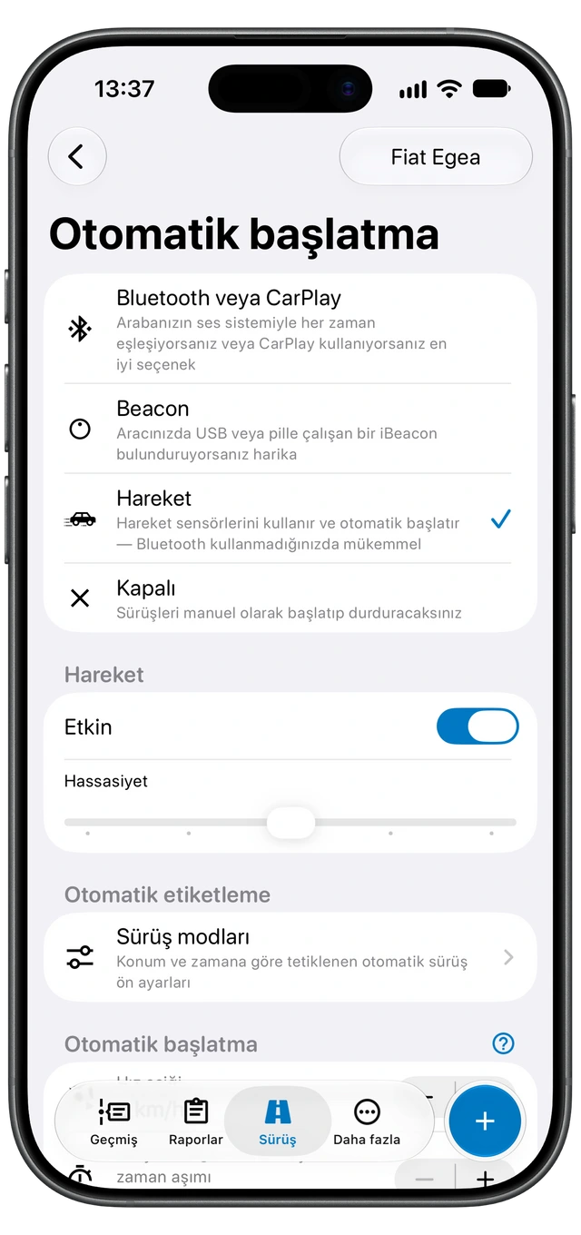 Kullanılabilir algılama yöntemlerini ve seçili Hareket seçeneğini gösteren iPhone’daki Motolog Otomatik başlatma ekranı.