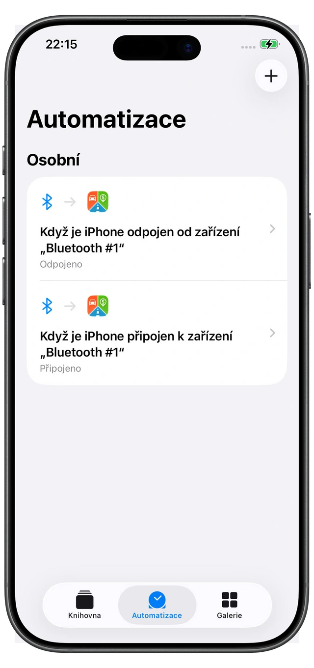 Dvě automatizace Zkratek od Applu pro Motolog: Připojeno při připojení k Bluetooth auta a Odpojeno při jeho odpojení.