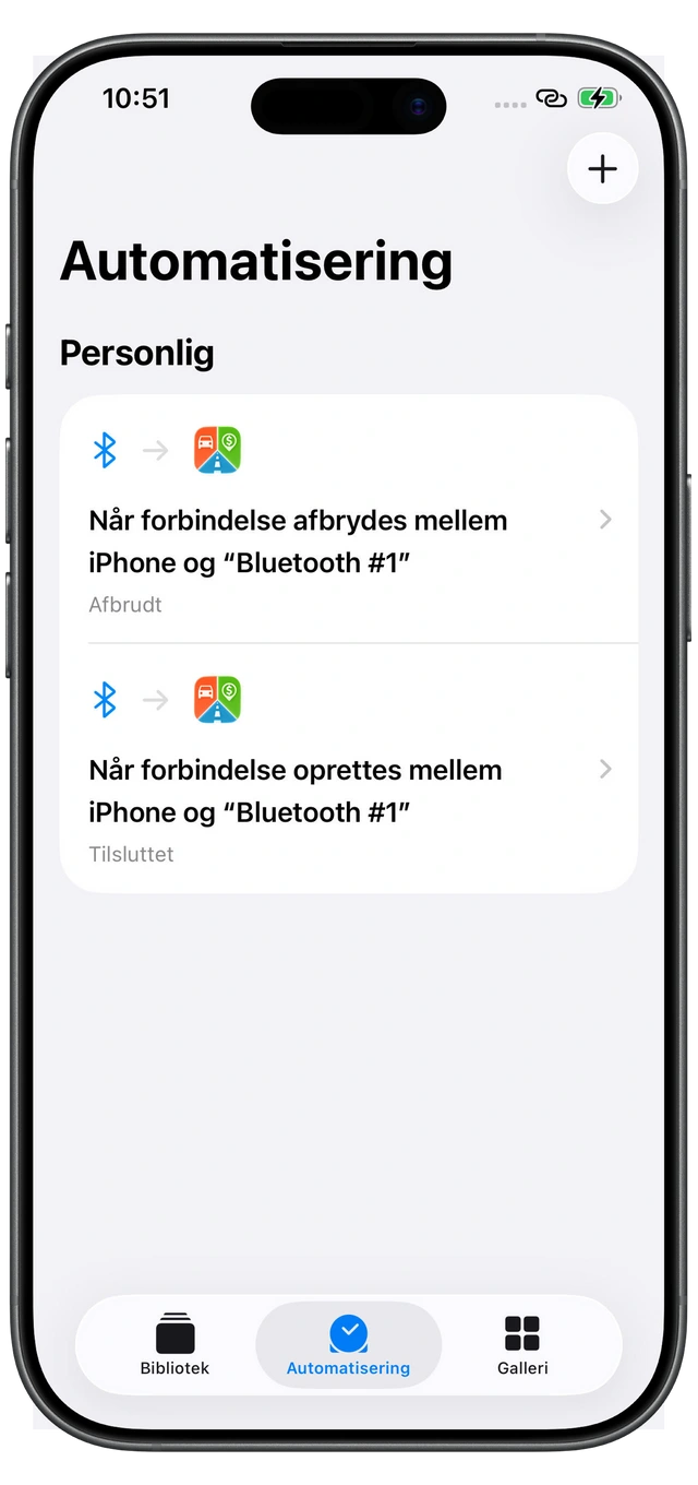 To automatiseringer i Apple Genveje: Tilsluttet ved forbindelse til bilens Bluetooth og Afbrudt ved afbrydelse.