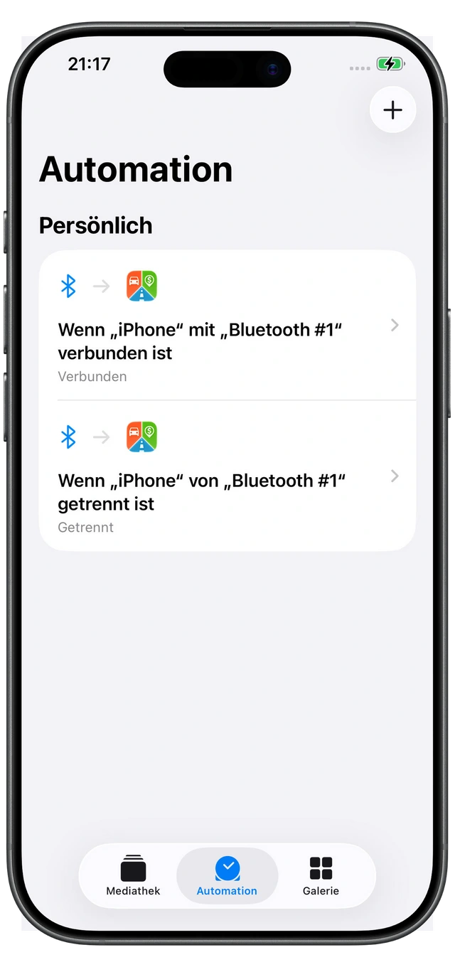 Zwei Apple-Kurzbefehle-Automationen für Motolog: Verbunden bei Verbindung mit dem Auto-Bluetooth und Getrennt beim Trennen.