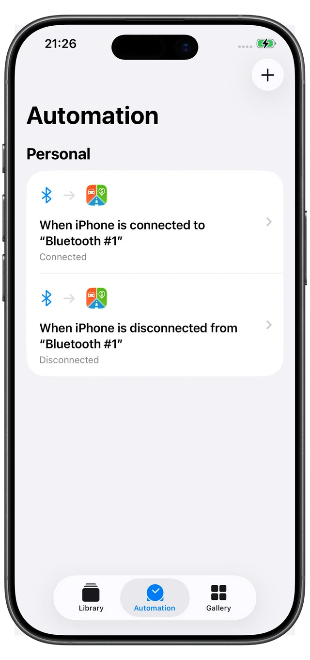 Two Apple Shortcuts automations for Motolog: Connected when car Bluetooth connects and Disconnected when it disconnects.