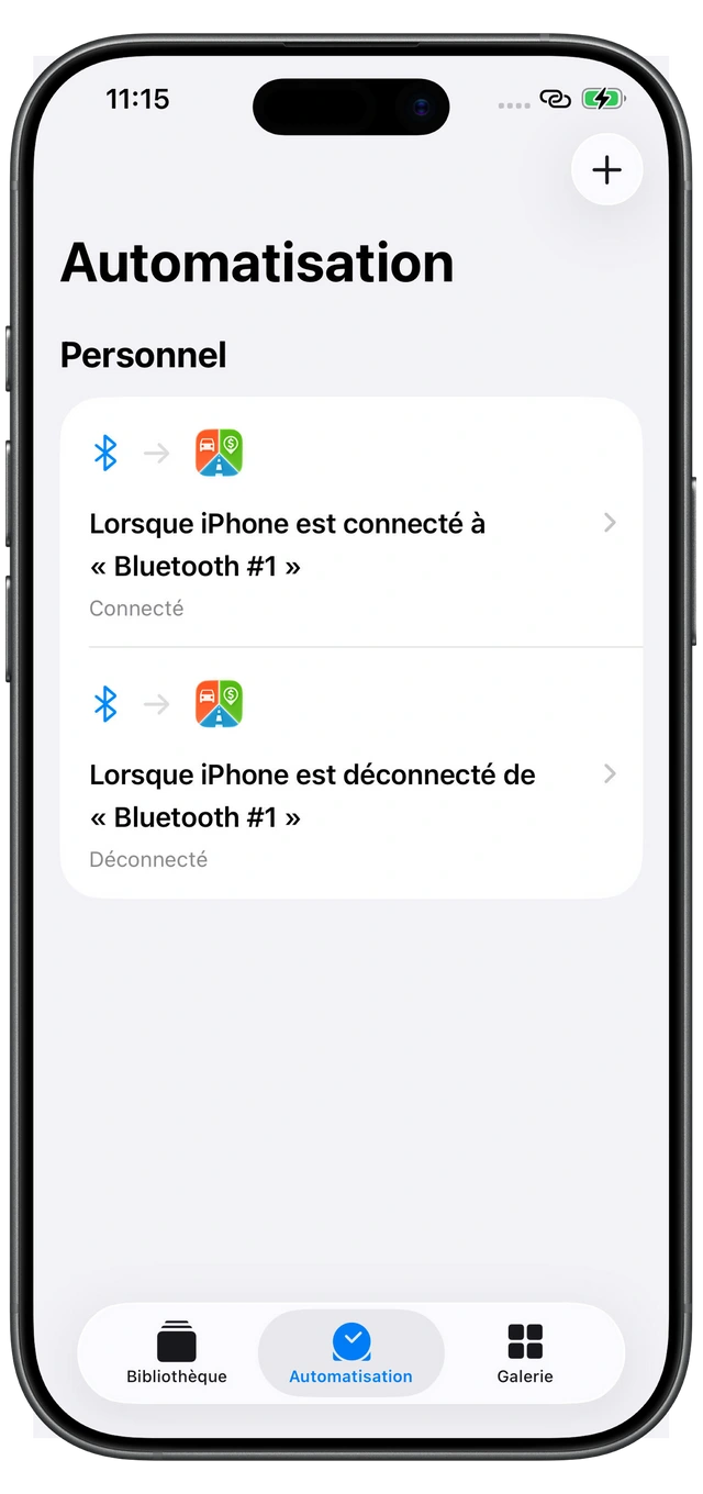 Deux automatisations Raccourcis d’Apple pour Motolog : Connecté à la connexion Bluetooth de la voiture et Déconnecté à la déconnexion.