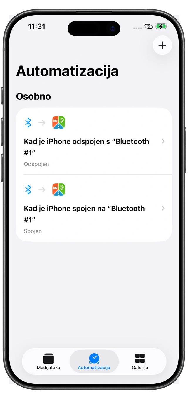 Dvije automatizacije Apple Prečaca za Motolog: povezivanje s automobilskim Bluetoothom i prekid veze.